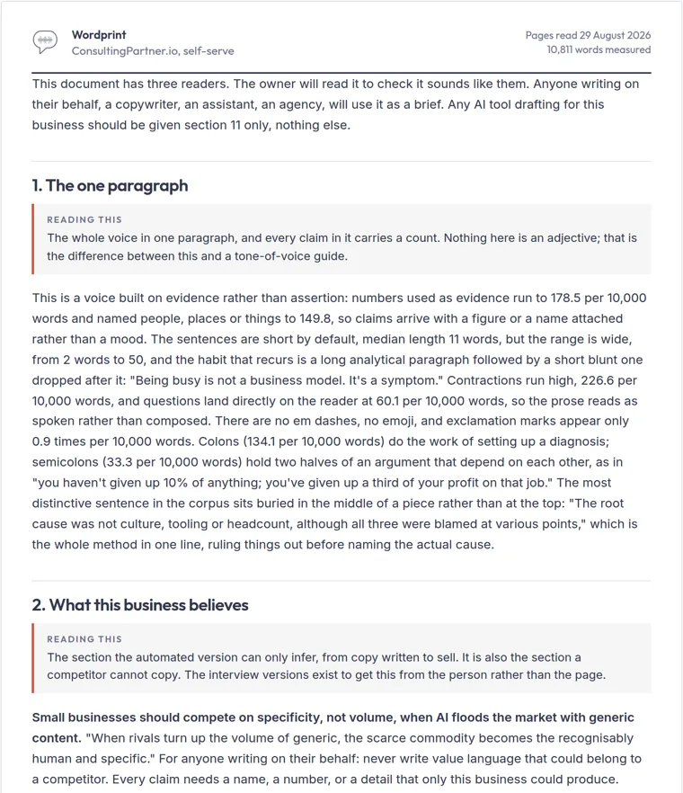 Page one of a Wordprint: the masthead, then the whole voice in one paragraph with every claim counted